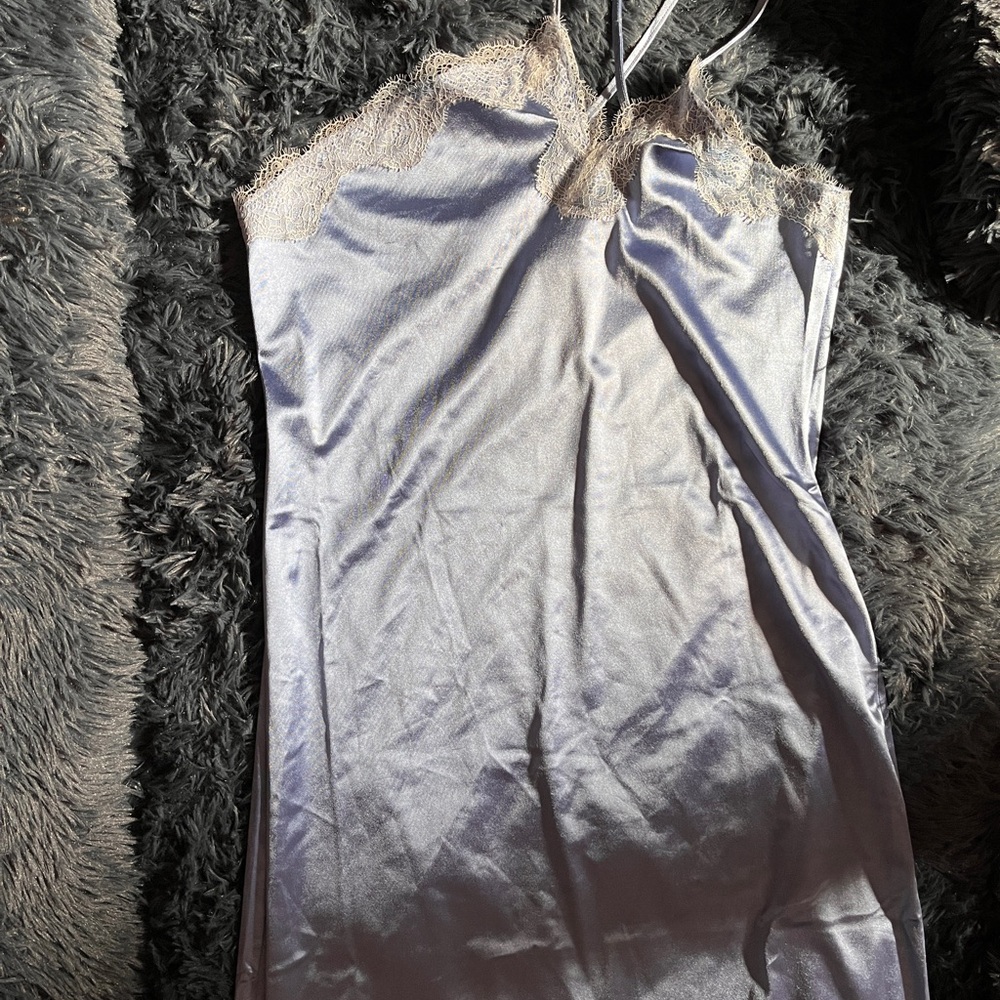 Divided Satin Chemise with Lace Trim - Silver and Cream